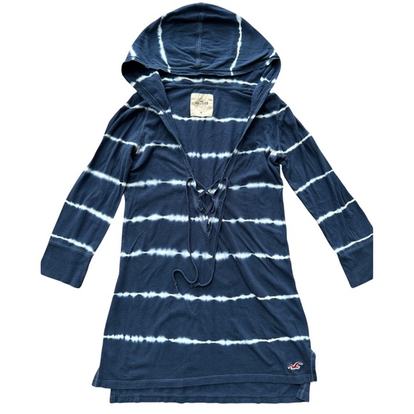Hollister Tops - Hollister Womens Y2K Hooded Tunic Top Navy Tie Dye Stripe Size M Beachy
